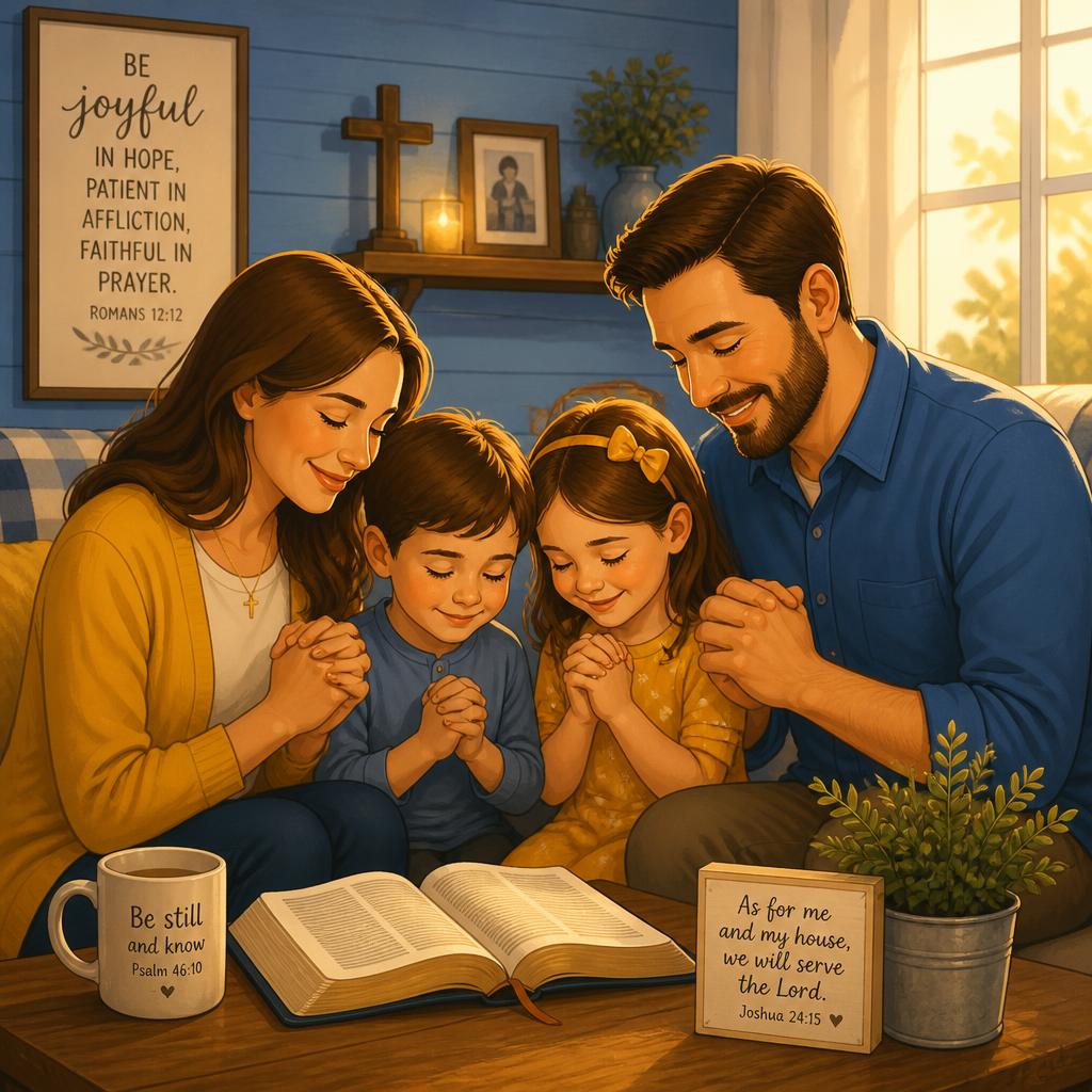 Família cristã, crianças colorindo e Bíblia aberta