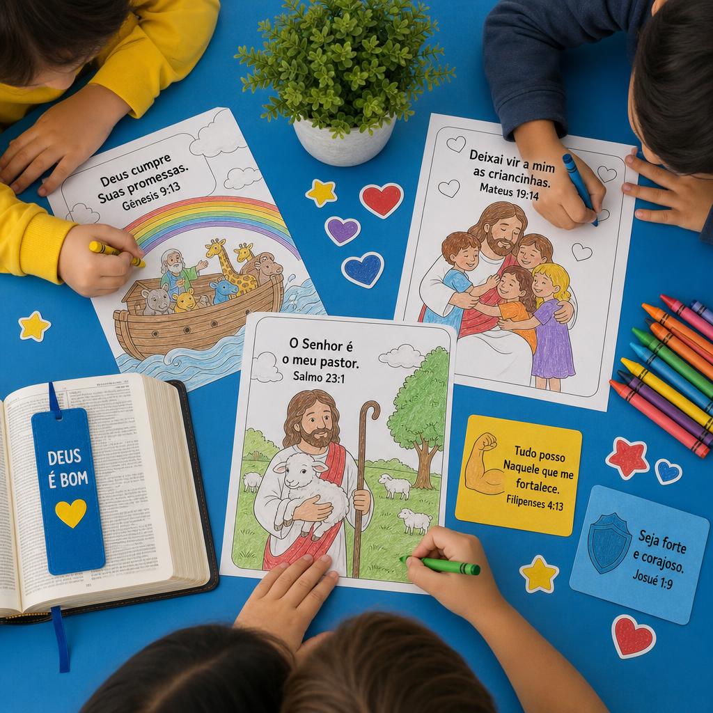 Família cristã, crianças colorindo e Bíblia aberta